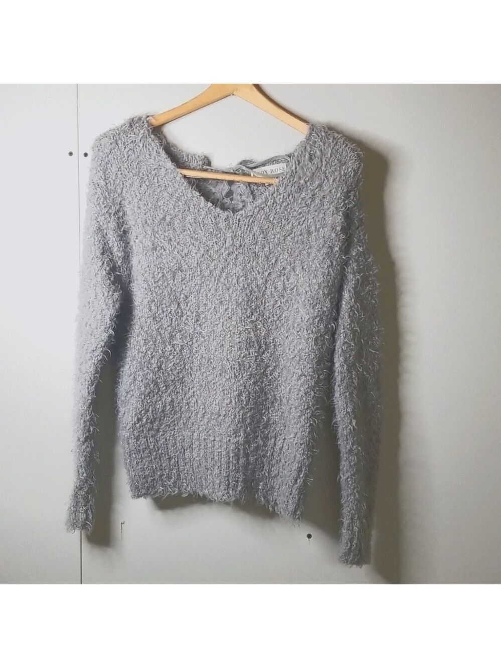 Knox Rose Fuzzy Gray sweater w/lace back detail.